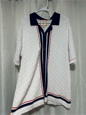 White Knit Polo with Navy Collar and Red Stripe Accents